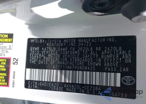 2023 Toyota Camry Se z USA, uszkodzony, nr VIN 4T1T11AK7PU808425